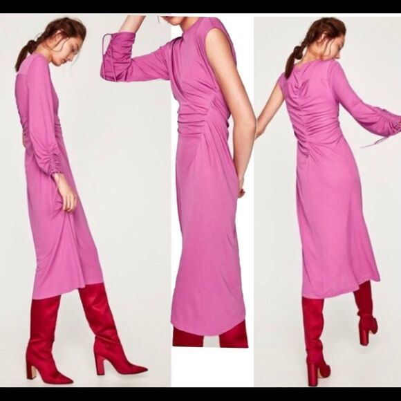 ZARA purple magenta Cinched Asymmetric One Sleeve Dress Sz M/L NWT - Picture 2 of 16